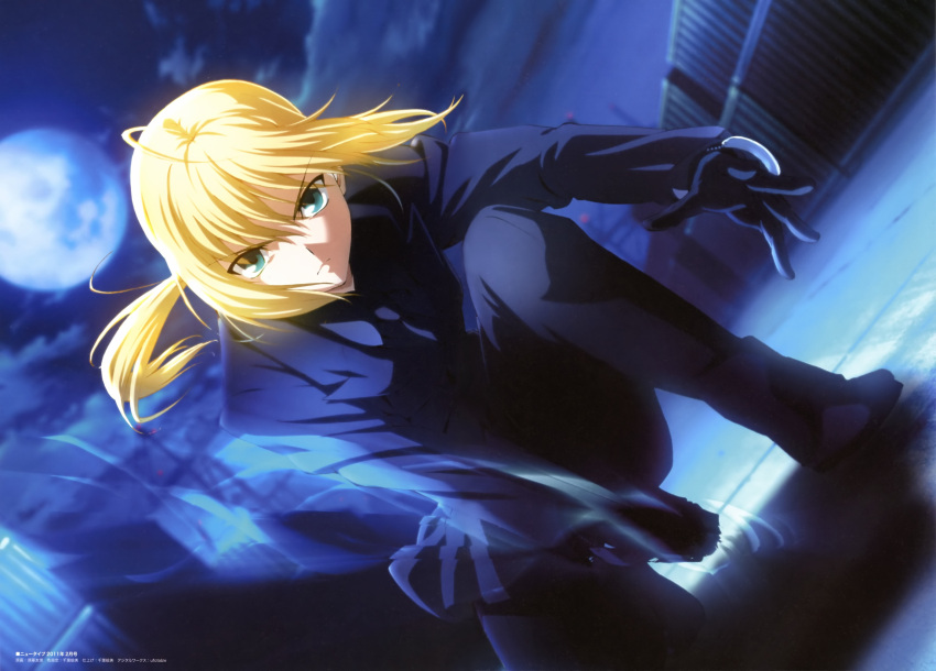absurdres ahoge androgynous blonde_hair business_suit excalibur fate/stay_night fate/zero fate_(series) female formal gloves green_eyes highres invisible_air necktie newtype official_art pant_suit reverse_trap saber solo sudou_tomonori suit sword tomboy type-moon weapon
