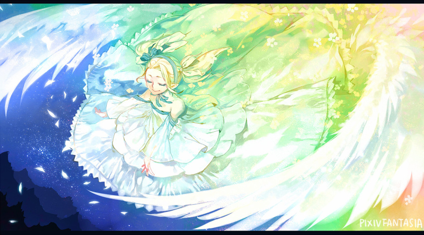 angel_wings bare_shoulders blonde_hair bow closed_eyes collarbone colorful detached_sleeves dress eyes_closed feathers hair_bow hairband large_wings letterboxed long_hair night night_sky outstretched_arms pixiv_fantasia pixiv_fantasia_sword_regalia pointy_ears silverwing sky solo star_(sky) starry_sky strapless strapless_dress title_drop twintails white_dress wide_sleeves wings