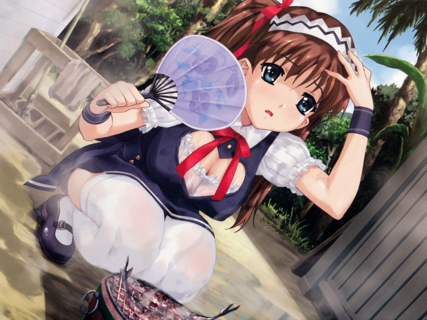 amamiya_momona blue_eyes brown_hair buckled_shoes cleavage grill happoubi_jin headdress long_hair maid outside paper_fan pig_tails resort_boin thighhighs tropical wrist_covers