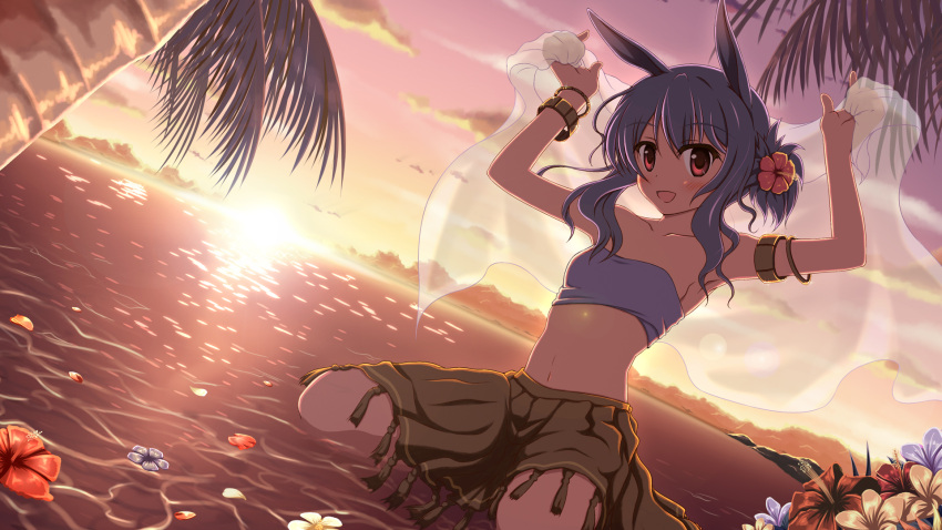 :d animal_ears arm_strap bangle blue_hair blush bracelet dj_max_portable djmax dutch_angle flower hair_flower hair_ornament hibiscus highres jewelry navel ocean open_mouth partially_submerged petals red_eyes sitting skit smile solo suee sunset tubetop vfenster water