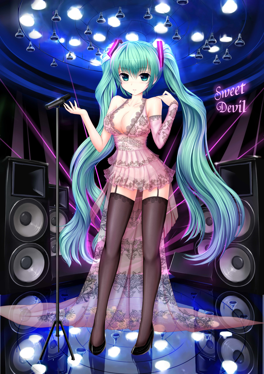 1girl absurdres breasts cleavage copyright_name garter_straps green_eyes green_hair hatsune_miku high_heels highres long_hair microphone microphone_stand panties see-through shoes skirt solo speaker sweet_devil_(vocaloid) thigh-highs twintails underwear very_long_hair vocaloid