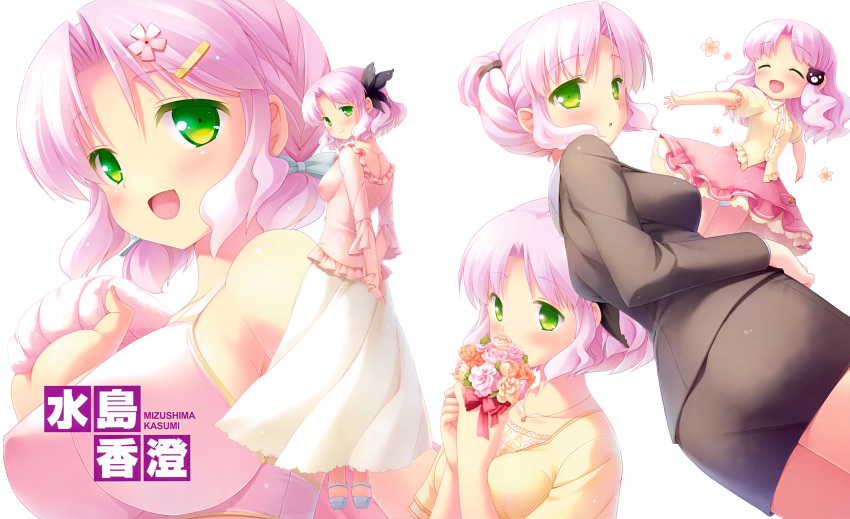 1girl :o ^_^ absurdres blush bouquet cafe_sourire character_name child closed_eyes dress eyes_closed flower gayarou green_eyes hair_ornament hairclip highres long_hair long_sleeves looking_back mizushima_kasumi multiple_persona natsume_eri open_mouth pink_hair short_hair simple_background skirt smile swimsuit white_background