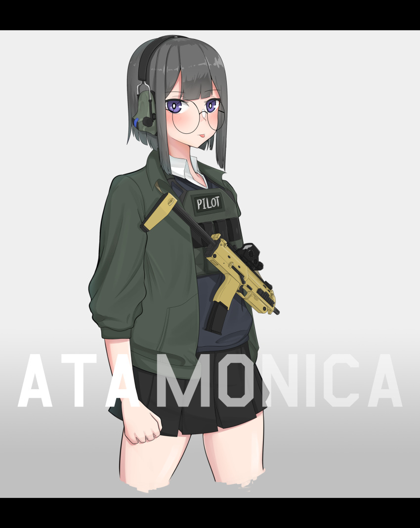 absurdres artist_name atamonica blush clenched_hands cowboy_shot eyebrows_visible_through_hair glasses grey_hair gun h&amp;k_mp7 headset highres jacket military original simple_background skirt submachine_gun tongue tongue_out violet_eyes weapon