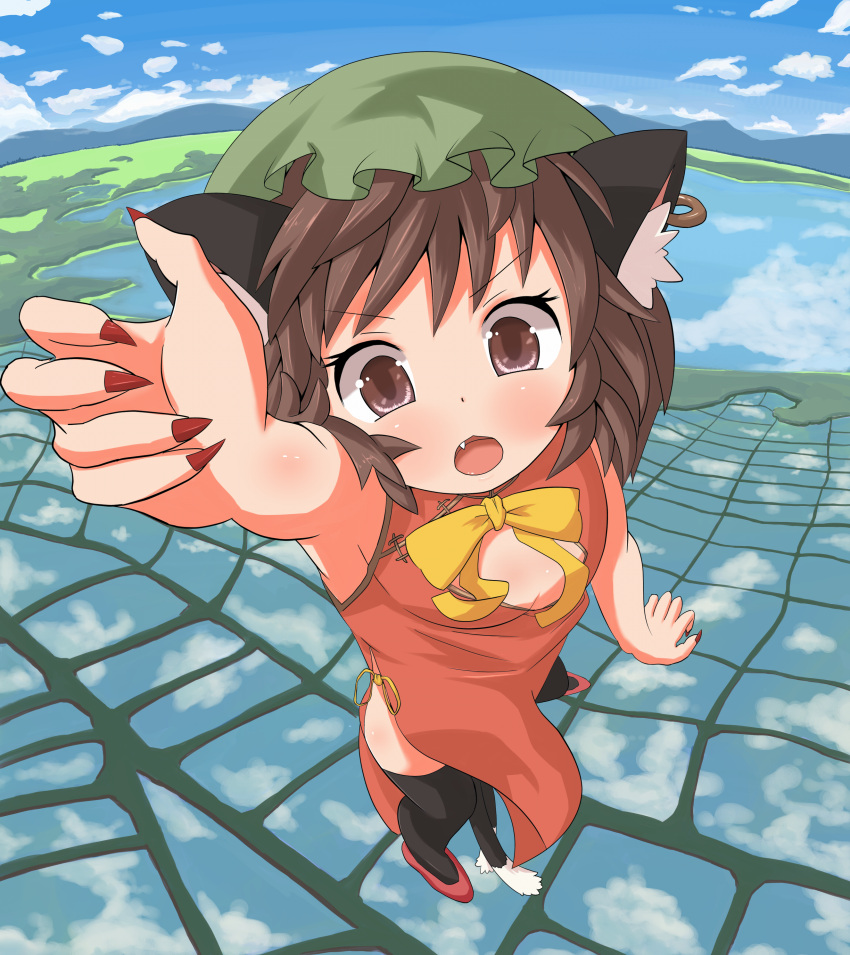 absurdres animal_ears between_legs black_legwear bow brown_eyes brown_hair cat_ears chen china_dress chinese_clothes cleavage_cutout cloud fang fingernails flying highres jewelry maromi_gou nail_polish open_mouth reaching reflection rice_paddy sharp_fingernails short_hair single_earring sky tail tail_between_legs thighhighs touhou water