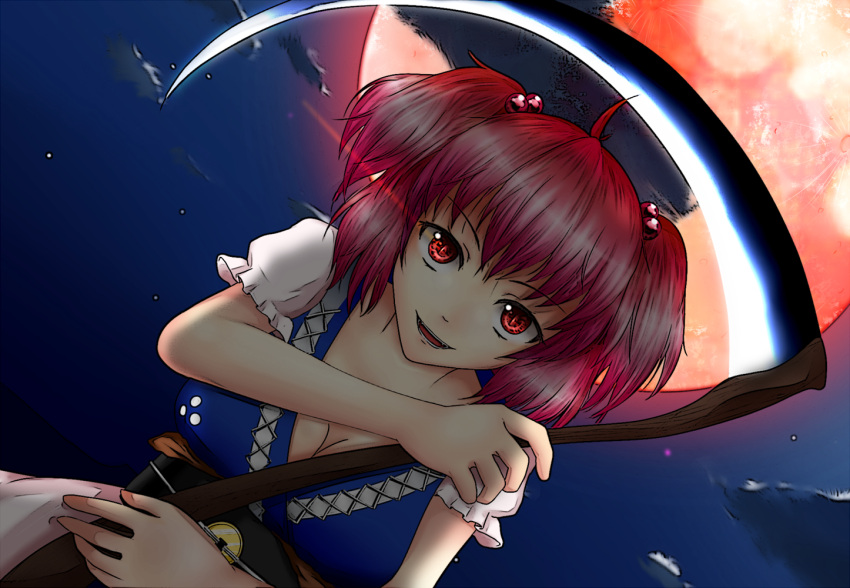 ahoge belt breasts bust cleavage cloud clouds dutch_angle fangs full_moon hair_bobbles hair_ornament large_breasts light_trail looking_at_viewer moon onozuka_komachi open_mouth red_eyes red_hair red_moon redhead scythe short_sleeves skirt sky slit_pupils solo star_(sky) starry_sky teeth torievna touhou twintails