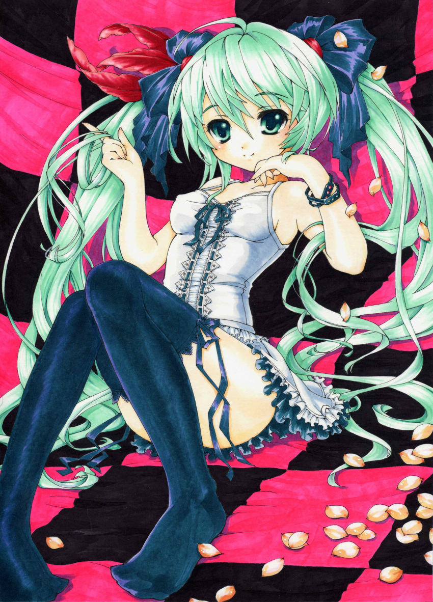 absurdres asahina_kirin bracelet checkered checkered_background dress green_eyes green_hair hair_twirling hatsune_miku highres jewelry long_hair looking_at_viewer marker_(medium) millipen_(medium) petals sitting smile solo thigh-highs thighhighs traditional_media twintails very_long_hair vocaloid world_is_mine_(vocaloid)