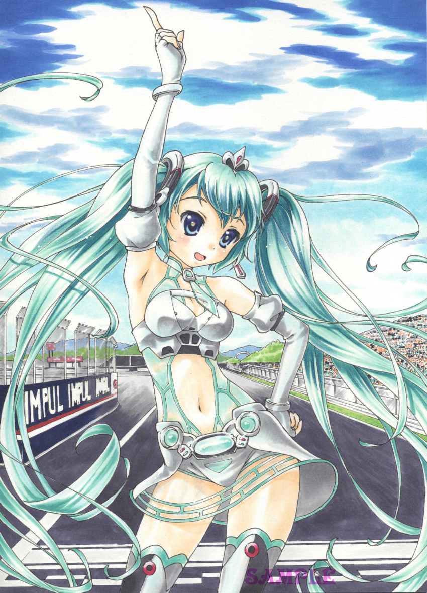 absurdres aqua_hair arm_up armpits asahina_kirin blue_eyes cloud clouds elbow_gloves fingerless_gloves gloves hand_on_hip hatsune_miku highres hips long_hair navel necktie open_mouth pointing race_queen racequeen racetrack sample skirt sky solo thigh-highs thighhighs traditional_media twintails very_long_hair vocaloid