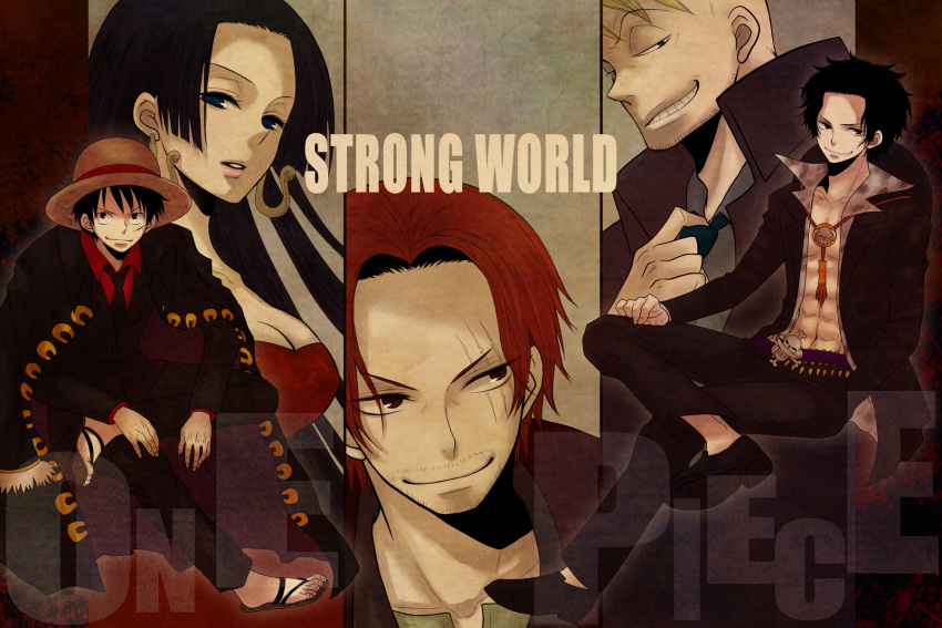 4boys black_hair blonde_hair boa_hancock breasts cleavage earrings facial_hair formal grin hat highres honey_bunny jewelry jolly_roger large_breasts legs_crossed long_hair marco monkey_d_luffy multiple_boys necklace necktie one_piece one_piece:_strong_world open_clothes open_shirt pirate portgas_d_ace red_hair redhead sandals scar shanks short_hair sitting smile straw_hat stubble suit text