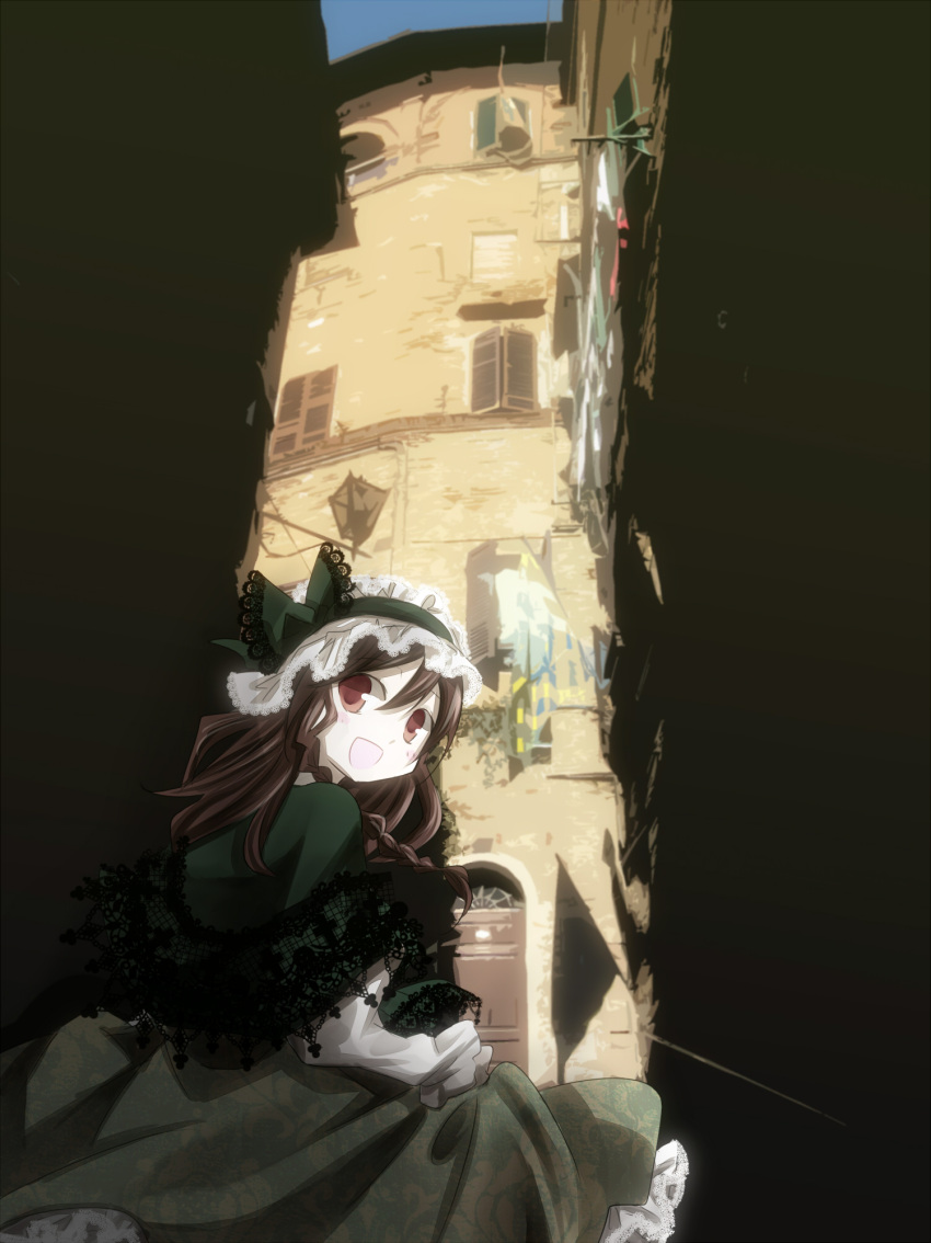 :d alley bonnet bow braid brown_eyes brown_hair building dress frills from_behind hair_bow hat highres katsuragi_atori lace long_sleeves looking_back open_mouth original pale_skin shawl skirt_hold smile solo window