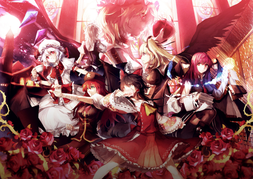 apple ascot bandages bat_wings black_hair black_legwear blonde_hair book bow brooch brown_eyes cup detached_sleeves detawings fang fighting_stance flandre_scarlet flower food fruit full_moon gohei green_eyes hair_bow hair_ribbon hair_tubes hakurei_reimu hat hat_ribbon head_wings highres hong_meiling izayoi_sakuya jewelry koakuma library maid maid_headdress moon multiple_girls night original outstretched_arm outstretched_hand red_eyes red_hair red_rose redhead remilia_scarlet ribbon rose scarlet_devil_mansion scorpion5050 shirt silver_hair single_wing skirt skirt_set spell_card stained_glass star teacup thigh-highs thighhighs touhou vines voile wings wrist_cuffs wrist_ribbon zettai_ryouiki