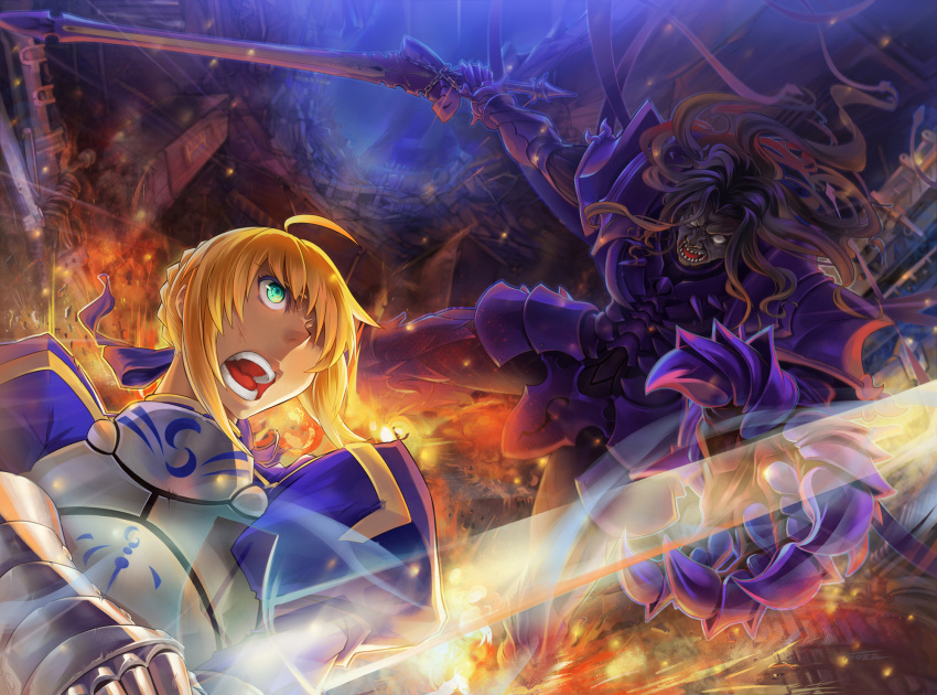 1girl ahoge armor berserker_(fate/zero) blonde_hair dress excalibur fate/zero fate_(series) gauntlets green_eyes hair_ribbon highres long_hair puffy_sleeves purple_hair ribbon saber sword todee translucent weapon