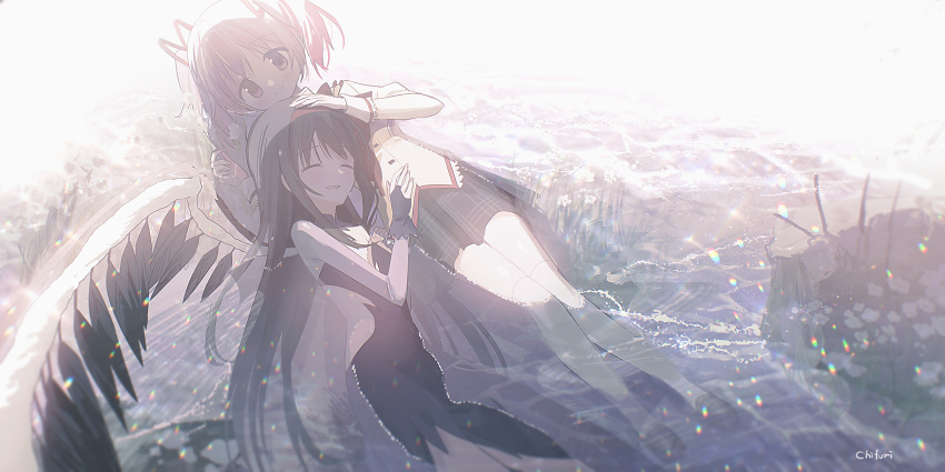 2girls ^_^ akemi_homura akuma_homura bare_shoulders black_dress black_hair black_shoes black_skirt black_wings bridal_gauntlets brown_jacket chihuri closed_eyes closed_mouth commentary_request dress feathered_wings hair_ribbon hand_on_another's_head highres jacket juliet_sleeves kaname_madoka loafers long_hair long_sleeves mahou_shoujo_madoka_magica mahou_shoujo_madoka_magica:_walpurgis_no_kaiten mitakihara_school_uniform multiple_girls parted_lips partially_submerged pink_hair pleated_skirt puffy_sleeves red_ribbon ribbon school_uniform shoes skirt smile thighhighs twintails very_long_hair water white_thighhighs wings
