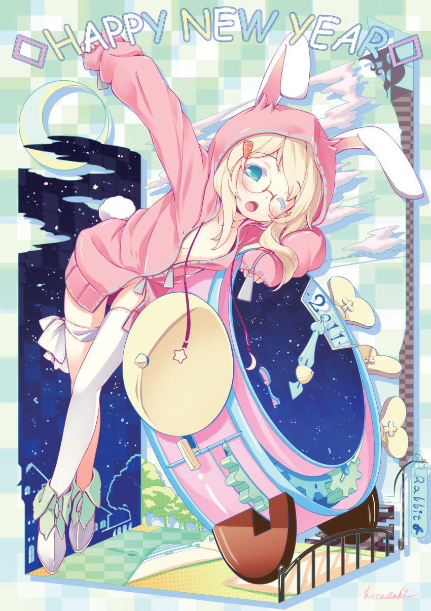 2011 ;o absurdres animal_ears argyle blonde_hair blue_eyes bunny_ears clock crescent_moon glasses hair_ornament happy_new_year highres hinasaki hoodie leaning moon new_year no_bra no_panties original rabbit_ears scan single_thighhigh solo star thigh-highs thigh_strap thighhighs tree white_legwear wink