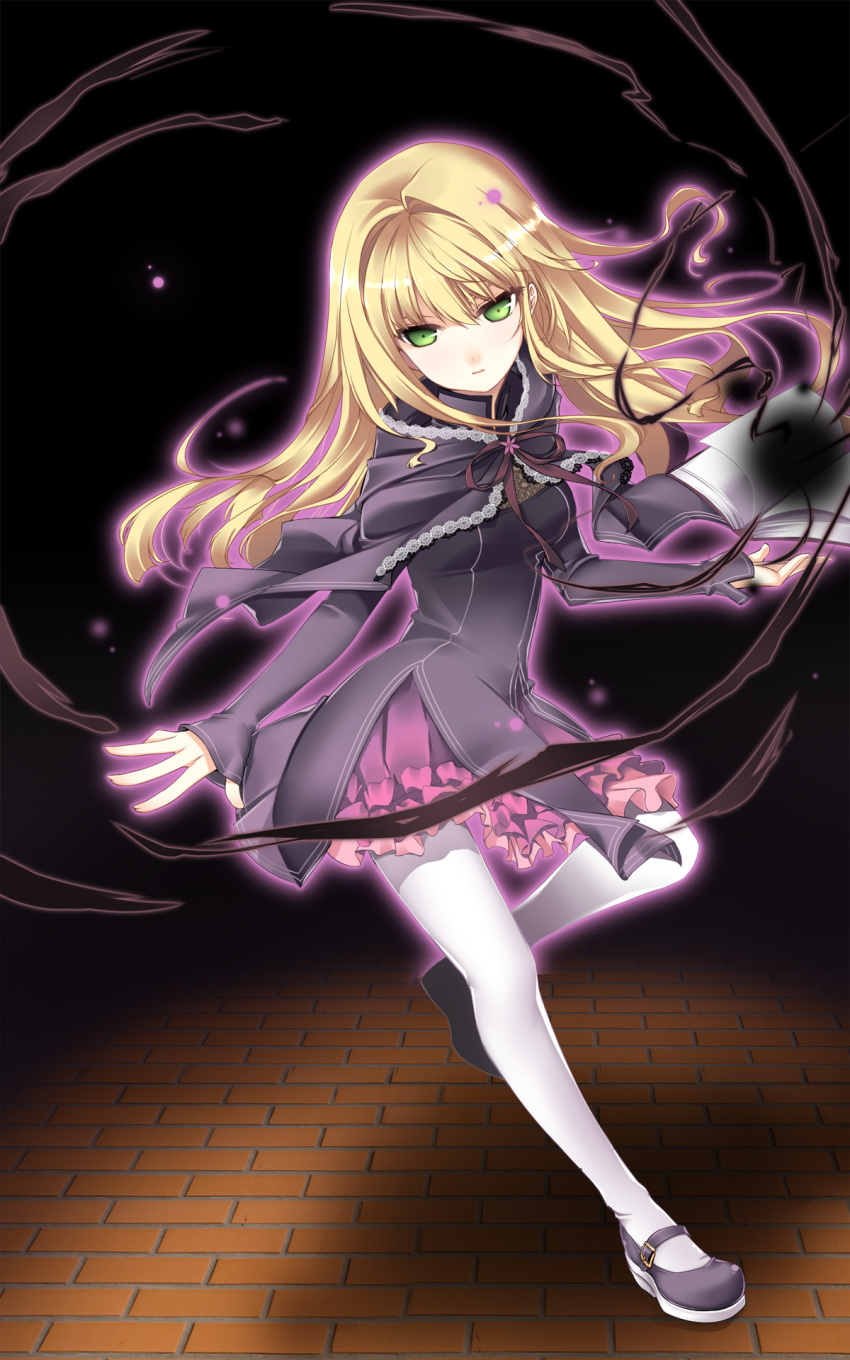 blonde_hair book darkness frilled_skirt green_eyes highres kuro_(kuronell) leg_up long_hair mary_janes open_book outstretched_hand pantyhose pleated_skirt ribbon seven shawl shoes skirt sleeves_past_wrists sword_girls thigh-highs thighhighs white_legwear
