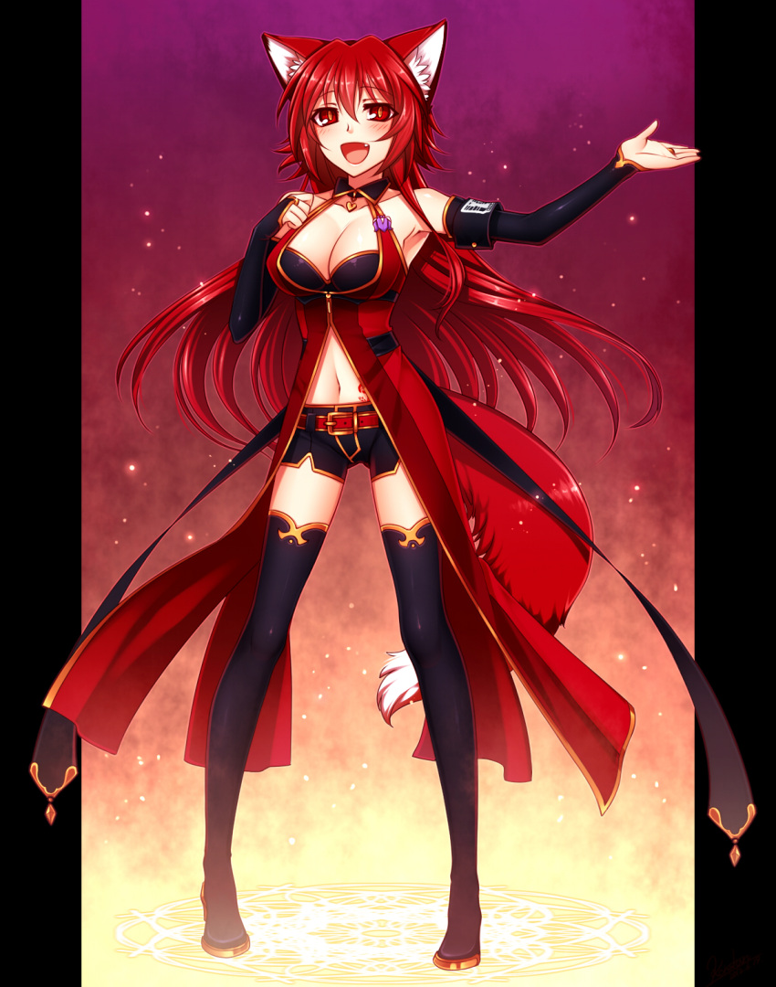 :d animal_ears bare_shoulders black_gloves black_legwear boots breasts bridal_gauntlets cleavage fang fox_ears fox_tail gloves highres konshin long_hair navel open_mouth pillarboxed pixiv_fantasia pixiv_fantasia_sword_regalia red_eyes red_hair redhead short_shorts shorts smile solo tail thigh-highs thigh_boots thighhighs thighhighs1girl