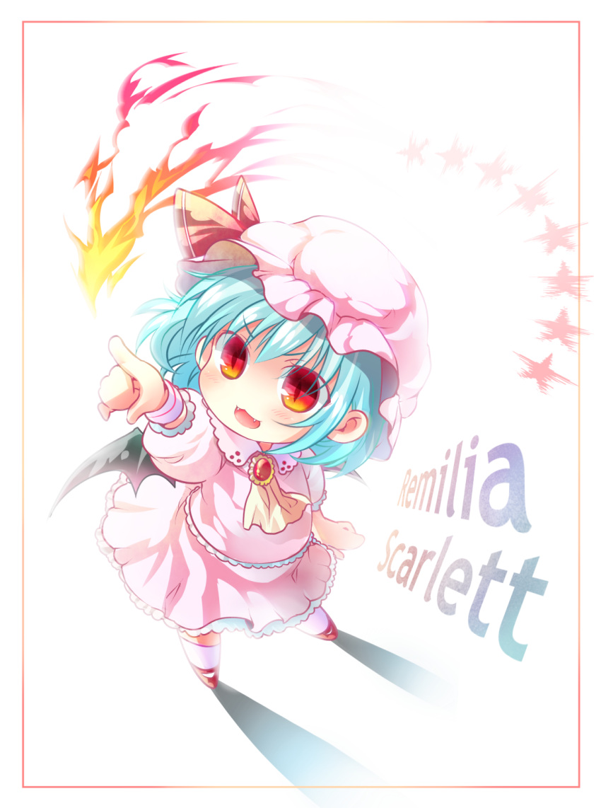 :3 aqua_hair arm_up ascot bat_wings blush brooch chibi fang fangs flame frame hat hat_ribbon highres jewelry maryquant open_mouth pink_legwear pointing pointing_up puffy_sleeves red_eyes remilia_scarlet ribbon shirt short_hair skirt skirt_set smile solo star touhou wings