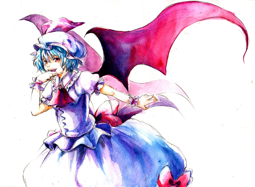 akatsuki_hiro ascot bat_wings blue_hair highres open_mouth red_eyes remilia_scarlet short_hair solo touhou traditional_media wings wrist_cuffs