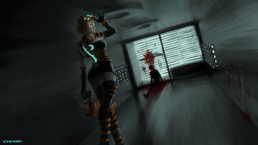 armor blonde_hair blood chevasis dead_space gun jpeg_artifacts short_hair weapon