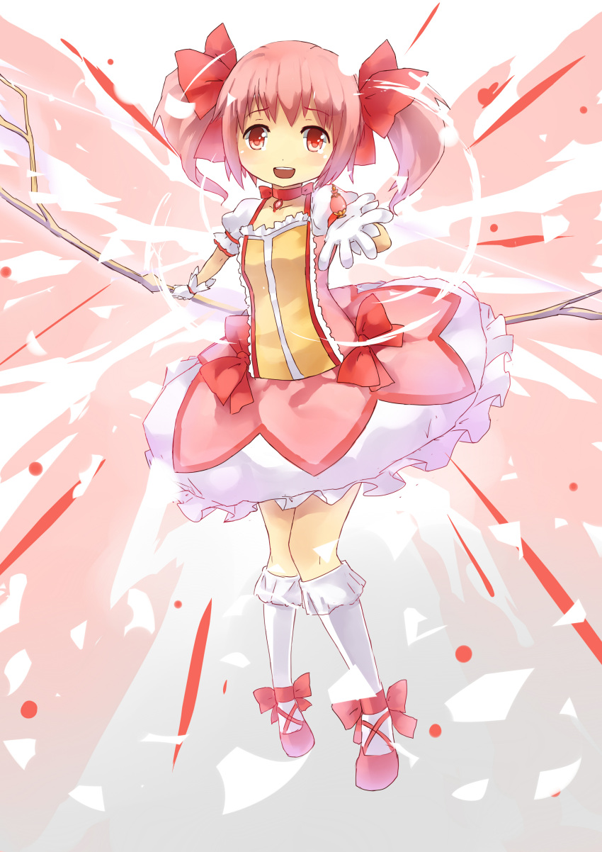 absurdres bow bow_(weapon) bubble_skirt choker dress gloves hair_bow hairband highres kaname_madoka looking_at_viewer magical_girl mahou_shoujo_madoka_magica mushiboy open_mouth outstretched_hand pink_eyes pink_hair puffy_sleeves ribbon short_twintails solo soul_gem twintails weapon white_gloves white_legwear