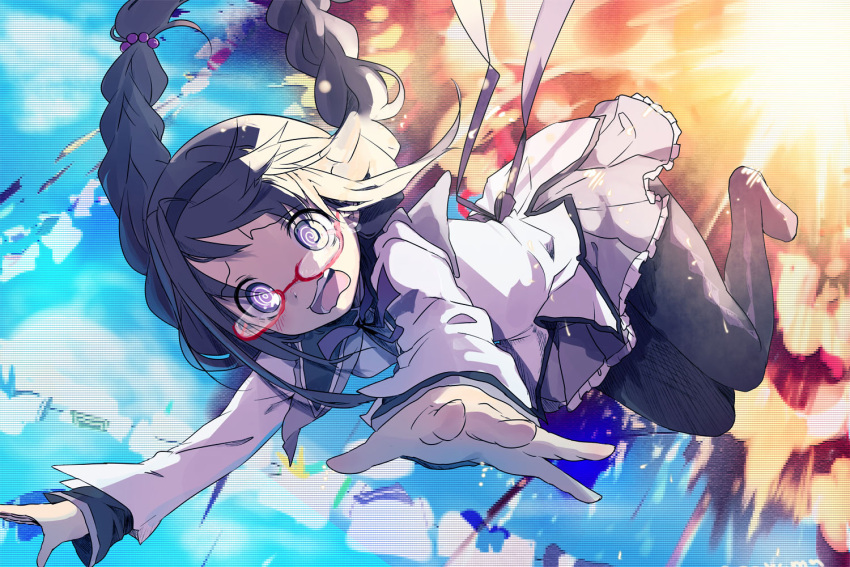 @_@ akemi_homura black_hair braid explosion frills glasses hairband long_hair magical_girl mahou_shoujo_madoka_magica open_mouth pantyhose patricia_(madoka_magica) pleated_skirt purple_eyes red-framed_glasses skirt solo spoilers twin_braids violet_eyes wavy_mouth witch's_labyrinth witch's_labyrinth yo_yuma