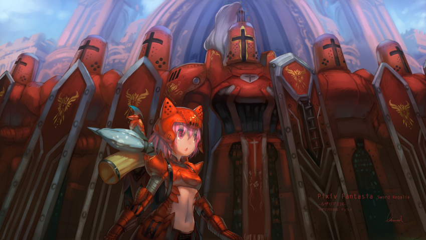 animal_ears animal_helmet armor babycat breastplate cat_ears cat_tail chestnut_mouth cross faulds full_armor gauntlets guard helm helmet highres midriff navel pauldrons pink_eyes pink_hair pixiv_fantasia pixiv_fantasia_sword_regalia shield short_hair tail