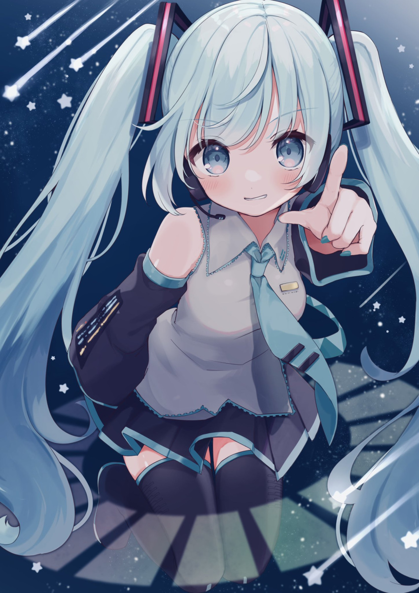 1girl aqua_eyes aqua_hair aqua_nails aqua_neckwear bare_shoulders boots detached_sleeves eyebrows_visible_through_hair frilled_skirt frills full_body hair_between_eyes hair_ornament hatsune_miku headset highres kneeling light_blush loli long_sleeves muikou_(moeko0903) necktie open_mouth pointing shooting_star skirt sky solo space star_(sky) starry_sky teeth thigh-highs thigh_boots twintails vocaloid