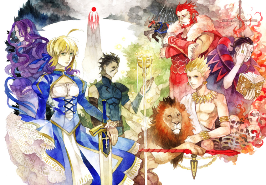 5boys armor berserker_(fate/zero) book breadmonster bull burning_at_the_stake caster_(fate/zero) chain chains cross cup excalibur fate/apocrypha fate/zero fate_(series) fire forest gae_dearg gilgamesh grail holy_grail jeanne_d'arc_(fate/apocrypha) lancer_(fate/zero) lion multiple_boys nature polearm rider_(fate/zero) ruler_(fate/apocrypha) saber skull spear sword weapon
