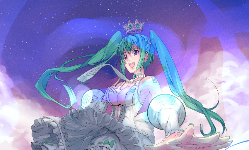 armpits bad_id breast_hold breasts center_opening cleavage crown detached_sleeves dress foreshortening green_hair hatsune_miku hatsune_miku_(append) large_breasts long_hair mezard nail_polish open_mouth purple_eyes solo twintails violet_eyes vocaloid vocaloid_append