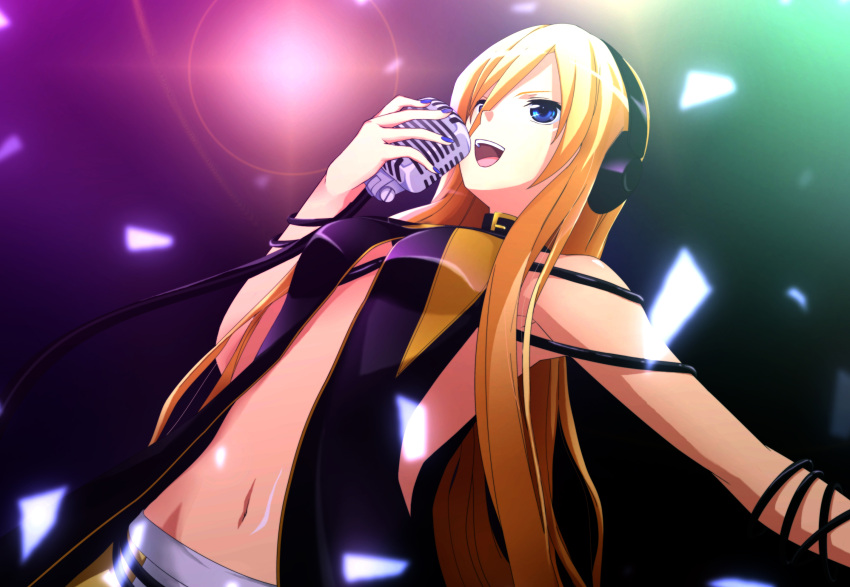 blonde_hair blue_eyes highres lens_flare lily lily_(vocaloid) long_hair microphone midriff navel open_mouth pinky_iwata_(gorilla) singing skirt smile solo vintage_microphone vocaloid