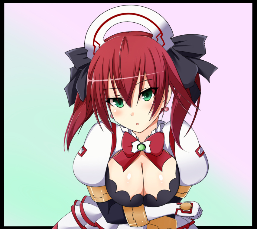 breast_hold breasts bust cave_(choujigen_game_neptune) character_request choujigen_game_neptune choujigen_game_neptune_mk2 cleavage earrings green_eyes hair_ornament hair_ribbon jewelry kyuchan looking_at_viewer red_hair redhead ribbon short_hair solo twintails