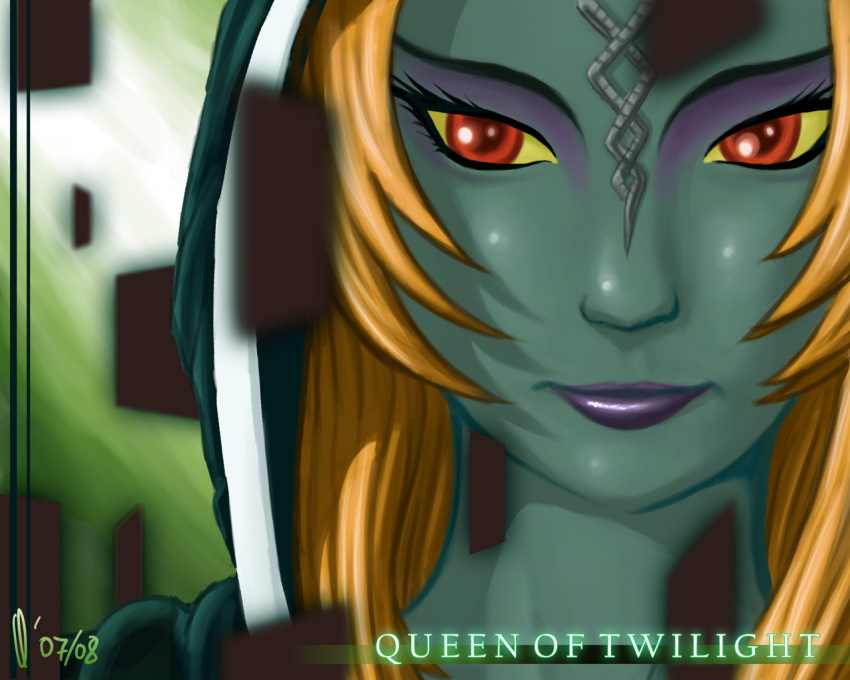 1280x1024 blue_skin face hood lipstick makeup midna mrkewing orange_hair portrait red_eyes solo the_legend_of_zelda twili_midna twilight_princess wallpaper yellow_sclera