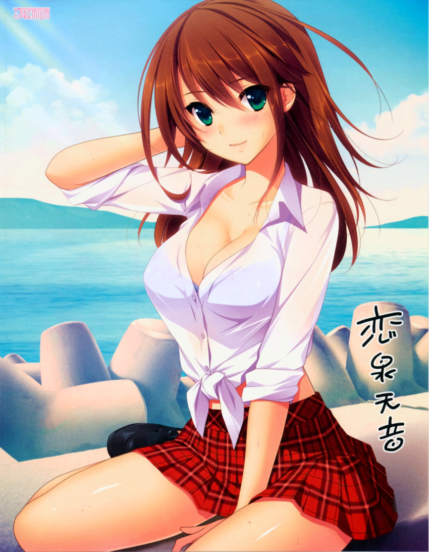 blush bra breasts brown_hair cleavage dress_shirt front-tie_top green_eyes hatsukoi_1/1 highres koizumi_amane large_breasts loafers long_hair looking_at_viewer midriff miniskirt open_clothes open_shirt plaid plaid_skirt pleated_skirt shiny shiny_skin shirt shoes sitting skirt sleeves_rolled_up smile tied_shirt tokizaki_maya underwear