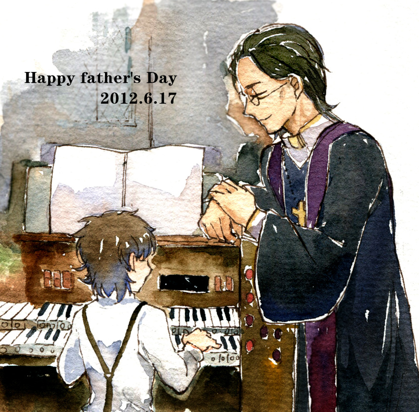 age_difference black_hair child cross cross_necklace dated fate/zero fate_(series) father's_day father's_day father_and_son glasses highres instrument jewelry kotomine_kirei kotomine_risei male multiple_boys necklace organ piano priest rakuko stole traditional_media watercolor_(medium) wide_sleeves young