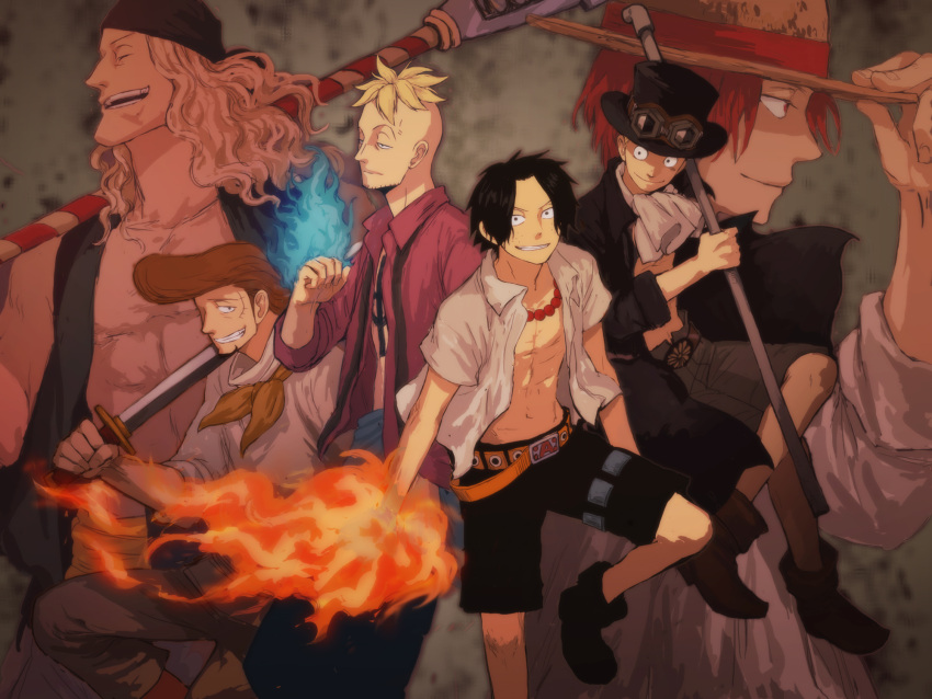 4boys 6+boys beads belt black_hair black_shoes black_shorts blonde_hair blue_fire brother brothers closed_eyes cravat edward_newgate eyes_closed facial_hair fire freckles grin ha_(pixiv57253) halberd hat highres jewelry male marco multiple_boys muscle necklace one_piece pole polearm portgas_d_ace sabo_(one_piece) sash scar shanks short_hair shorts siblings smile straw_hat sword tattoo thatch time_paradox top_hat weapon young