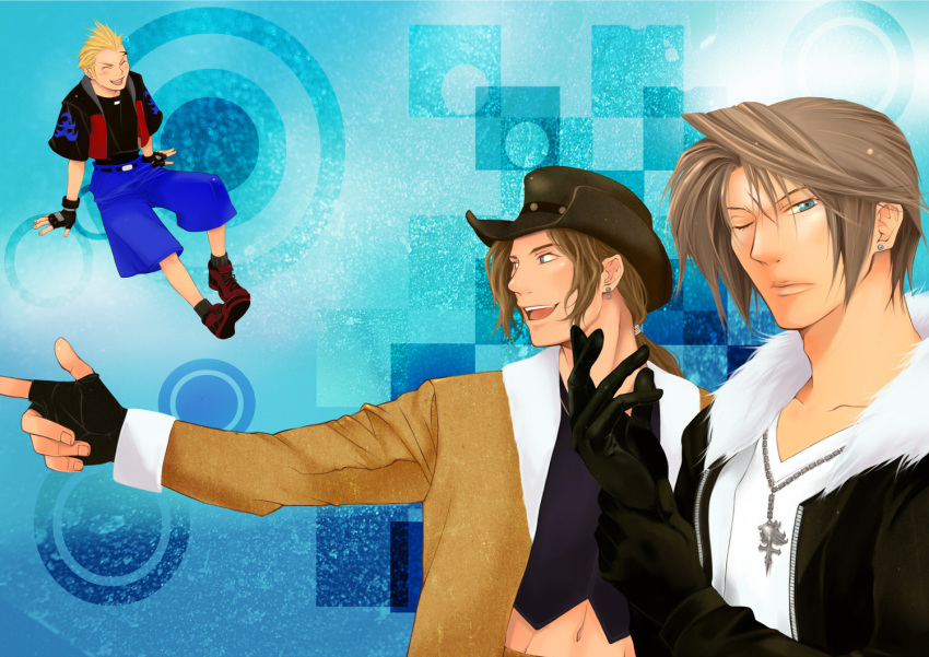 &gt;_&lt; :d belt blonde_hair blue_eyes brown_hair closed_eyes collarbone cowboy_hat d-maker earrings eyes_closed final_fantasy final_fantasy_viii fingerless_gloves fur_trim gloves hat irvine_kinneas jeans jewelry male multiple_boys necklace open_mouth pointing shoes sitting smile socks squall_leonhart teeth xd zell_dincht