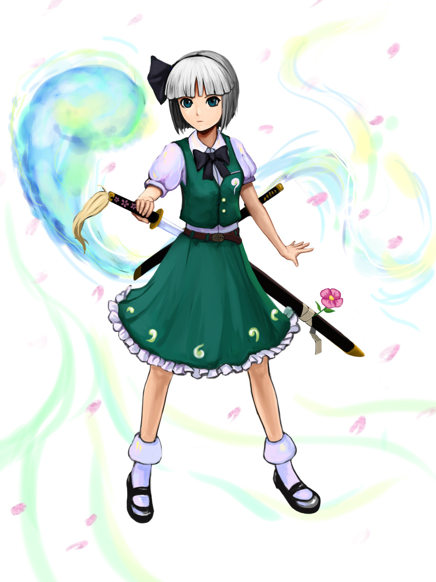 absurdres belt blush bob_cut cherry_blossoms green_eyes hair_ribbon hairband highres hitodama katana konpaku_youmu konpaku_youmu_(ghost) mary_janes open_mouth petals ribbon shirosaba shoes short_hair silver_hair skirt smile solo sword touhou vest weapon