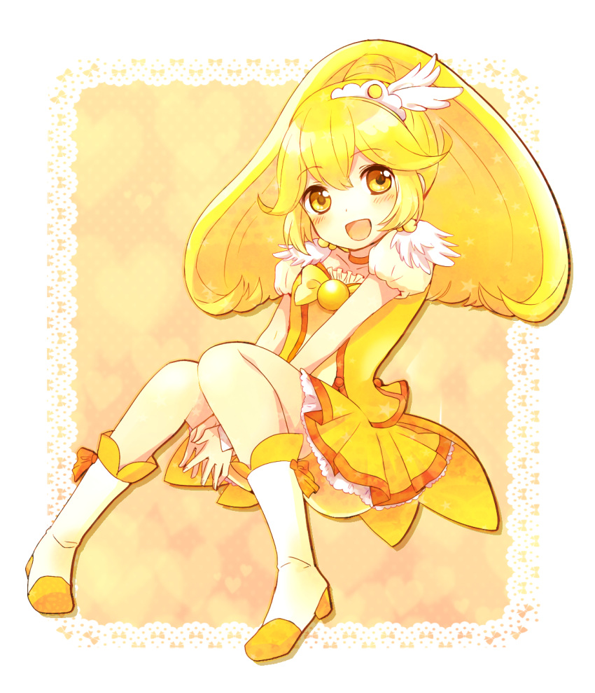 :d azuki_(merry) bike_shorts blonde_hair boots bowtie brooch choker cure_peace dress highres jewelry kise_yayoi long_hair magical_girl open_mouth precure shorts_under_skirt skirt smile smile_precure! solo v_arms wrist_cuffs yellow yellow_background yellow_dress yellow_eyes