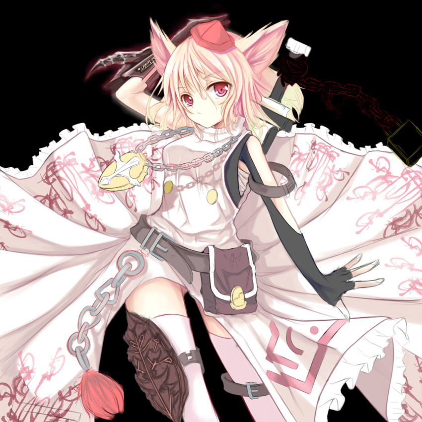 alternate_costume animal_ears arm_up bag bandage bandages belt blonde_hair chain chains dress fingerless_gloves gauntlets gloves hand_on_hat hat inubashiri_momiji jewelry looking_at_viewer necklace pendant pink_legwear red_eyes shield short_hair solo sword thigh-highs thighhighs tokin_hat touhou vils weapon white_dress wolf_ears zettai_ryouiki