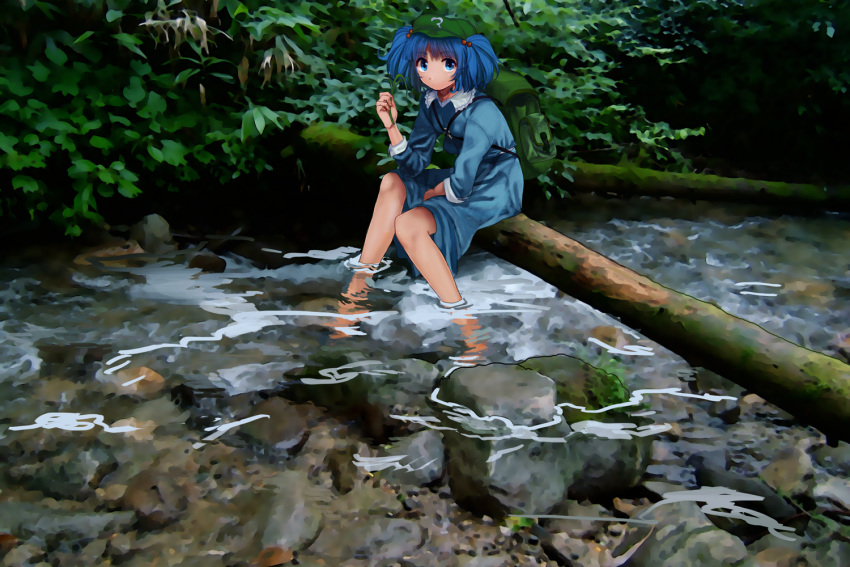 backpack bag blue_eyes blue_hair feet_in_water forest hair_bobbles hair_ornament hat kawashiro_nitori looking_at_viewer nature river rock shirt sitting skirt skirt_set sleeves_pushed_up soaking_feet solo touhou tree twintails water wtuw