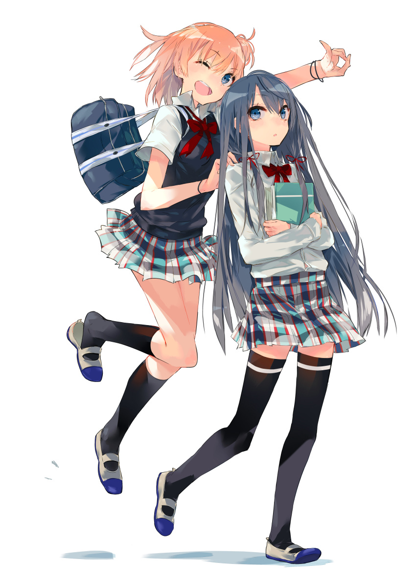 2girls ;d absurdres bag black_hair black_legwear blue_eyes book bowtie hand_on_another's_shoulder highres multiple_girls object_hug open_mouth plaid plaid_skirt pleated_skirt ponkan_8 school_bag school_uniform shoes shoulder_bag side_bun simple_background skirt smile socks thigh-highs uwabaki v vest white_background wink wristband yahari_ore_no_seishun_lovecome_wa_machigatteiru. yuigahama_yui yukinoshita_yukino