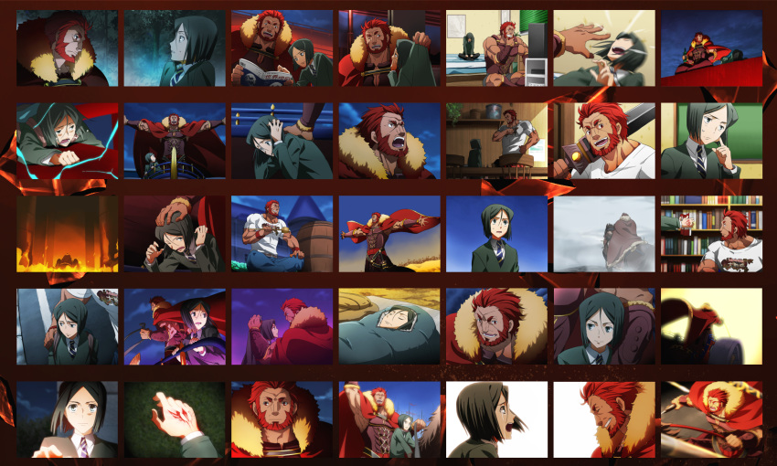 barrel beard black_eyes black_hair bob_cut book cape chariot closed_eyes command_spell eyes_closed facial_hair fate/zero fate_(series) fire gordius_wheel grin highres horse ionioi_hetairoi male multiple_boys necktie outstretched_arms polearm red_eyes red_hair redhead rider_(fate/zero) short_hair smile sword tears television waver_velvet weapon yun_(neo)