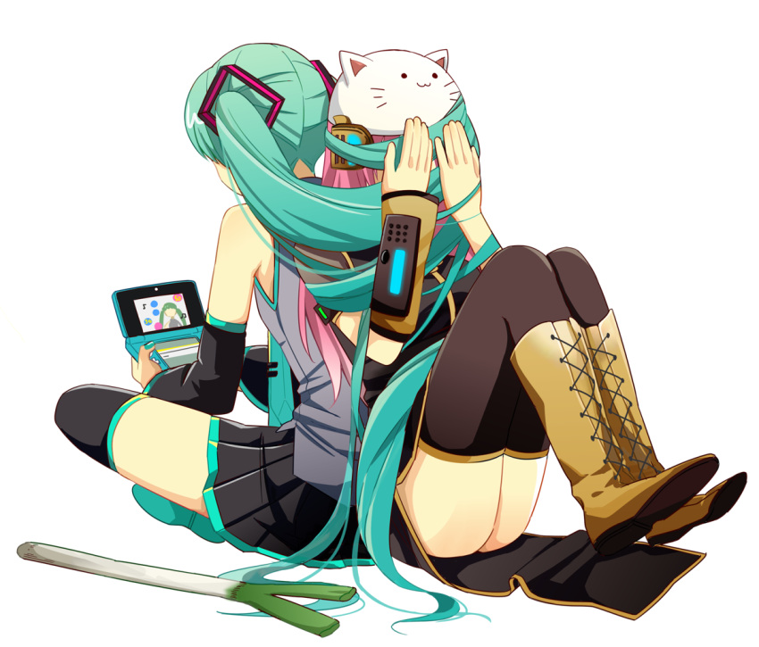 animal_hat bad_id boots cat_hat covering_face cross-laced_footwear detached_sleeves green_hair hat hatsune_miku knee_boots lace-up_boots long_hair megurine_luka multiple_girls necktie nintendo_3ds pink_hair simple_background sitting skirt spring_onion thigh-highs thigh_boots thighhighs toeto_(vocaloid) twintails very_long_hair vocaloid white_background yamada_(onigori105)