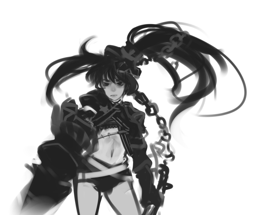 black_rock_shooter chain chains chibibro highres huge_weapon insane_black_rock_shooter long_hair monochrome navel shorts solo twintails weapon