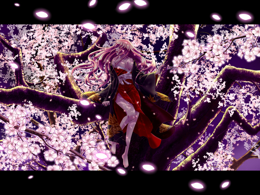 arm_support barefoot branch breasts cherry_blossoms haori highres japanese_clothes letterboxed long_hair megurine_luka nail_polish off_shoulder open_mouth petals pink_hair profile shoudoubutsu sitting solo tree vocaloid