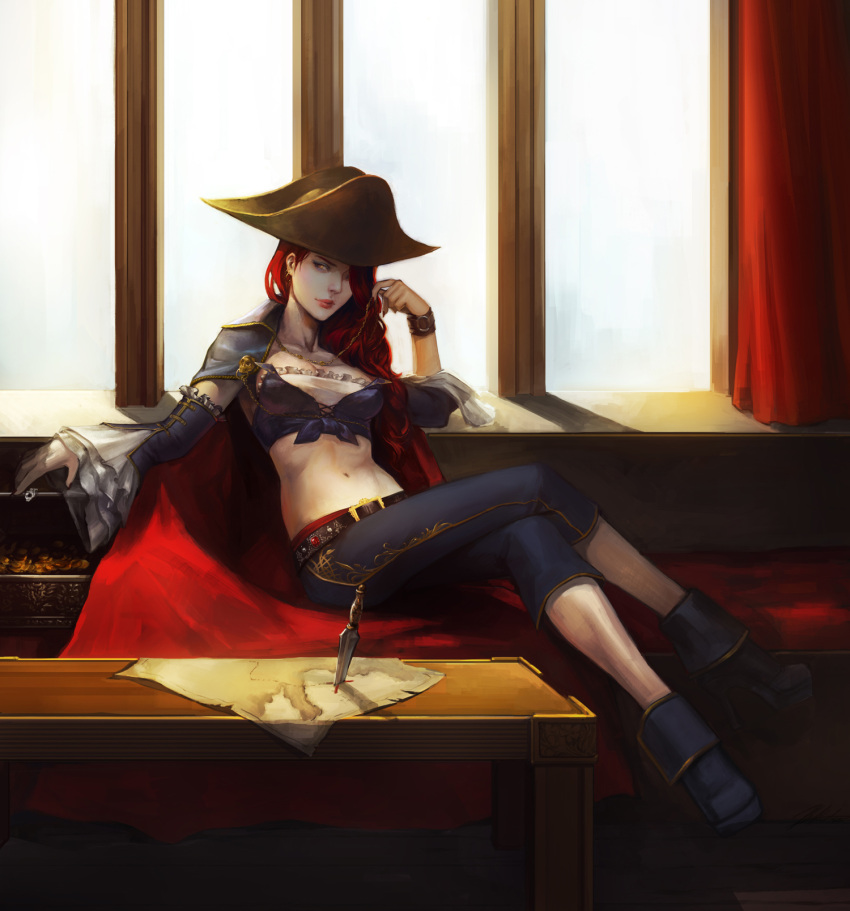 bicorne breasts cape cleavage crossed_legs detached_sleeves earrings hat highres jewelry knife league_of_legends legs_crossed lipstick long_hair makeup map midriff noa_ikeda realistic red_hair redhead sarah_fortune sitting solo wavy_hair wristband yellow_eyes