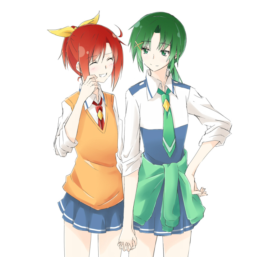 2girls alternate_hairstyle blush closed_eyes cosplay costume_switch eyes_closed green_eyes green_hair hair_ornament hairstyle_switch hands_clasped highres hino_akane holding_hands interlocked_fingers midorikawa_nao multiple_girls necktie personality_switch precure red_hair redhead school_uniform short_hair skirt sleeves_rolled_up smile smile_precure! standing sweater_around_waist sweater_vest tied_sweater