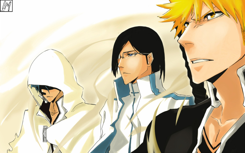 1440x900 3boys black_hair bleach blue_eyes cloak closed_mouth glasses grimmjow_jaegerjaquez hood hood_up hooded_cloak ishida_uryuu kurosaki_ichigo looking_away orange_hair shadow_over_eyes short_hair