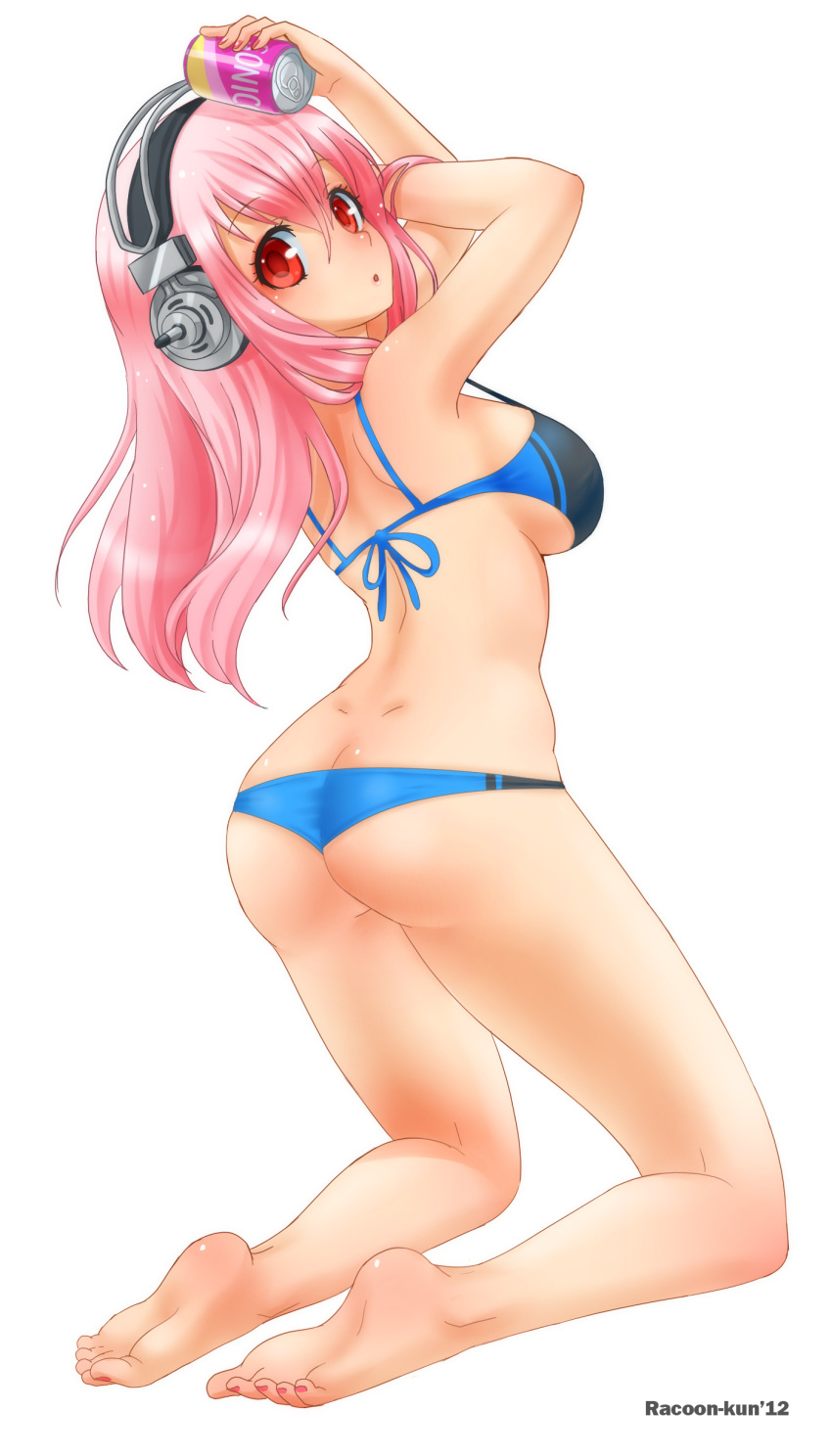 absurdres arms_up ass barefoot bikini blush breasts can character_name feet headphones highres looking_at_viewer looking_back nail_polish nitroplus open_mouth pink_hair racoon-kun red_eyes shiny shiny_skin solo sonico super_sonico swimsuit swimsuit toenail_polish transparent_background