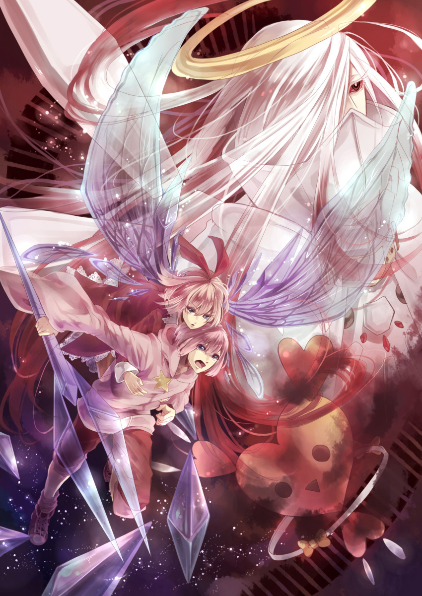 bandages bar_code barcode battle belt black_eyes bleeding blood blue_eyes crystal crystal_shard dress epic fairy flying hainegom halo heart high_collar highres hoodie hug janis_(hainegom) kirby kirby_(series) kirby_64 long_hair nintendo open_mouth pants personification pink_hair red_eyes red_sclera ribbon_(kirby) ripple_star robe shoes sneakers space star star_(sky) very_long_hair white_hair wings zero_two