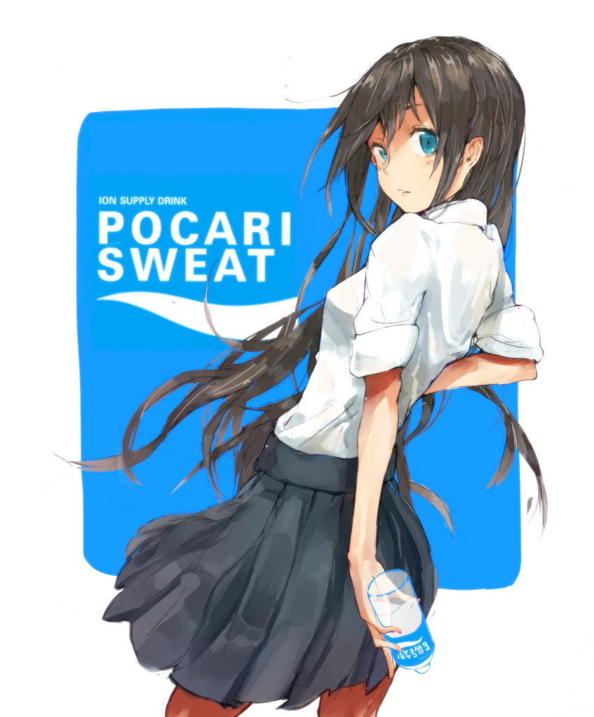 1girl black_hair blue_eyes highres looking_back original pantyhose pocari_sweat product_placement taxi_(owp)